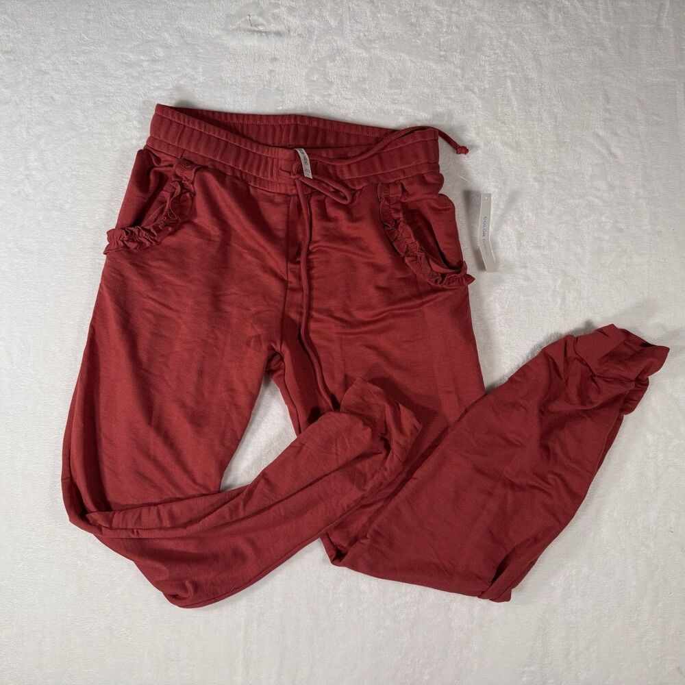 Color Thread Ruffle Pocket Joggers Size L Red Drawstring Elastic Waist NW